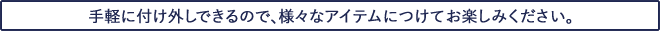 手軽に付け外しできるので、様々なアイテムにつけてお楽しみください。